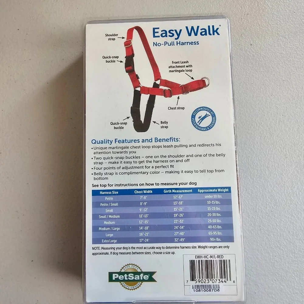 NIB PetSafe Easy Walk No Pull Dog Harness Red/Black Size Med/Large 40 to 65 lbs